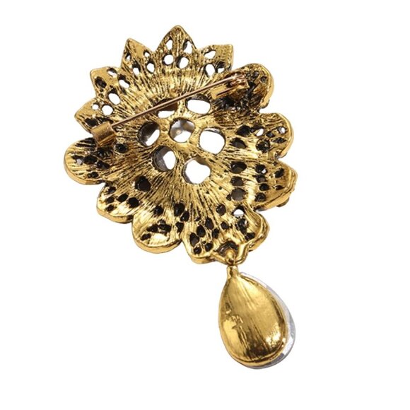 Brooch Burgundy Glass Teardrop Dangle with A/B Iridescent Crystals Gold Tone - Picture 2 of 2